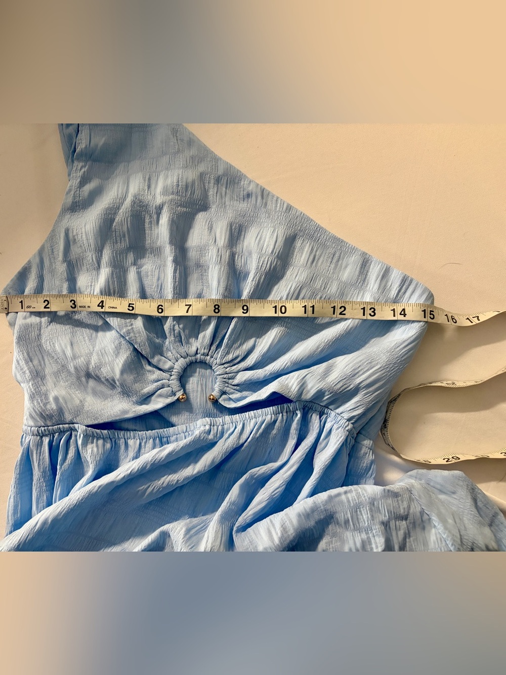One-Shoulder Twist Baby Blue Lightweight Midi Dress with Front Ring Cutout - Picture 6 of 6